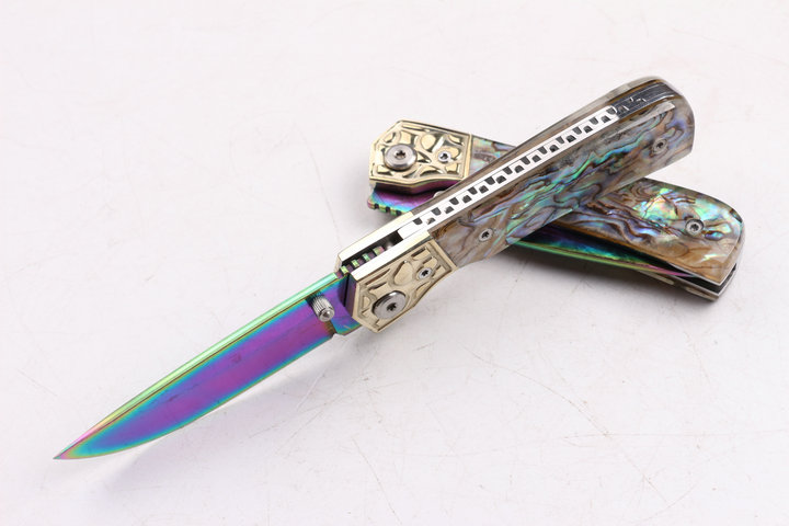 Damascus blade material Silk color Abalone handle folding knife with Titanium coated surface UD404442